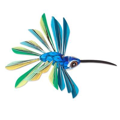 Cheerful Hummingbird,'Wood Hanging Alebrije Hummingbird Sculpture in Blue'