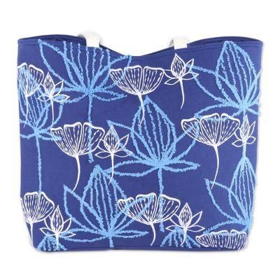 Lapis Garden,'Embroidered Floral Cotton Tote in Lapis from India'
