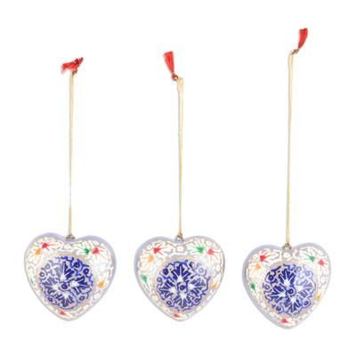 'Set of 3 Papier Mache Heart Ornaments Hand-Painted in India'