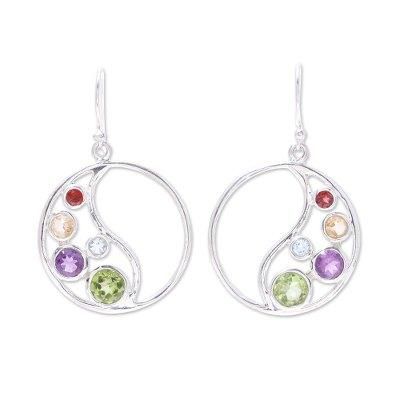 Sparkling Loop,'Circular Multi-Gemstone Dangle Earrings from India'