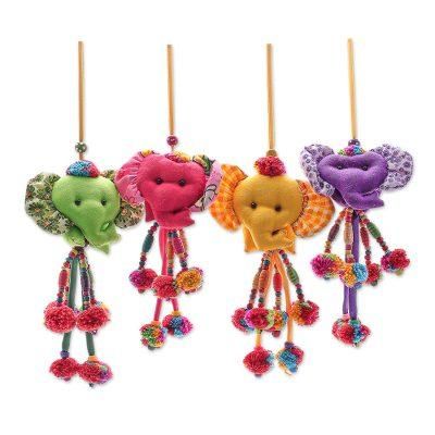 Happy Herd,'Handcrafted Cotton-Blend Elephant Ornaments (Set of 4)'