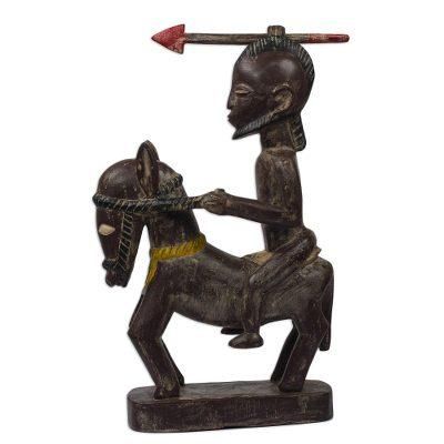 Horseback Warrior,'Brown and Cream Horseback Warrior Wood Sculpture from Ghana'