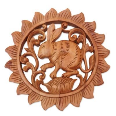 'Rabbit-Themed Relief Panel Hand-Carved from Wood in Bali'