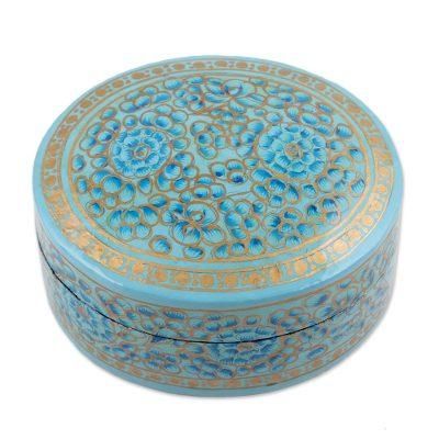 Blue Blossoms,'Blue Floral Papier Mache and Wood Oval Decorative Box'