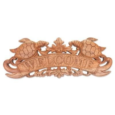 Turtle Welcome,'Hand Carved Turtle Wood Welcome Sign from Bali'