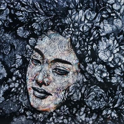 Embrace of Loneliness II,'Stretched Acrylic Painting of Woman with Floral Background'