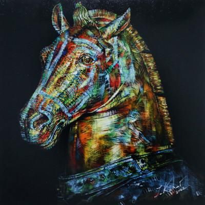 Horse in Black Scene,'Stretched Acrylic Painting of Horse on Black Background'