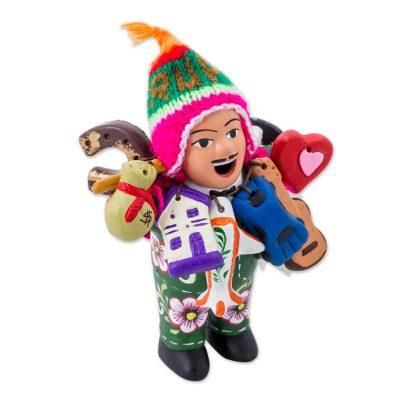 Painted Floral Ekeko Sculpture with Wool Cap from Peru 'Jolly Ekeko'
