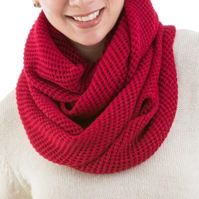 100% alpaca infinity scarf, 'Crimson Honeycomb'
