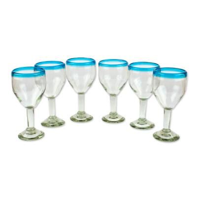 Blown glass wine glasses, 'Aquamarine Kiss' (set of 6)