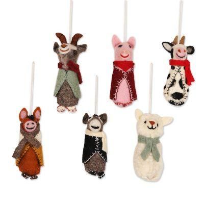 Barnyard Bunch,'Embroidered Wool Animal Holiday Ornaments (Set of 6)'