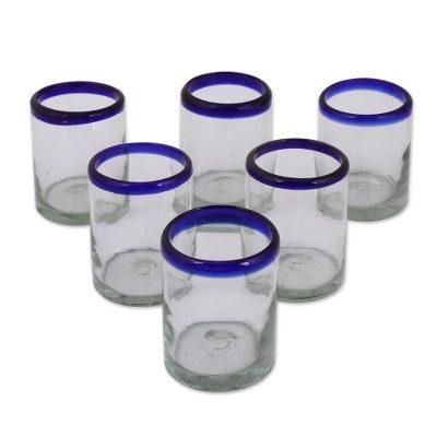 'Set of 6 Blue-Rimmed Handblown Recycled Glass Juice Glasses'