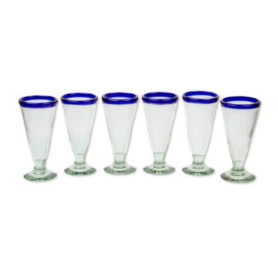 'Bohemia' (set of 6) - Artisan Crafted Recycled Handblown Blue Rim Beer Glasses