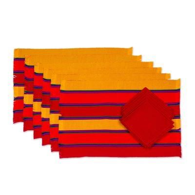 Country Sunset,'Set of 6 Striped Cotton Placemats and Napkins from Guatemala'