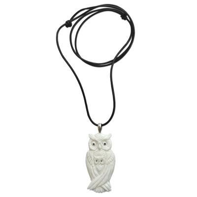 White Owl Family,'Artisan Crafted Owl Family Pendant on Leather Cord Necklace'