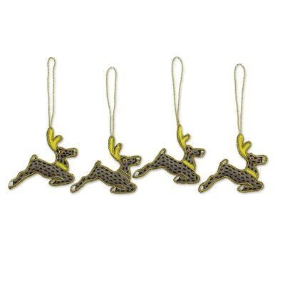 Prancing Reindeer,'Embroidered Reindeer Ornaments from India (Set of 4)'