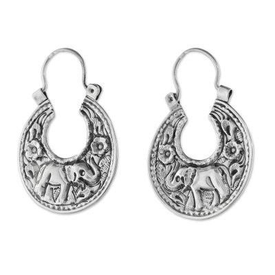 'Elephant-Themed Sterling Silver Hoop Earrings from Thailand'