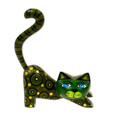 Curiosity Cousin in Green,'Handcrafted Green Wood Alebrije Playful Cat Figurine'
