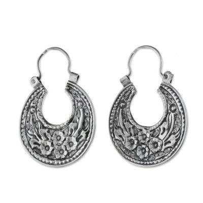 Lanna Flower,'Floral Sterling Silver Hoop Earrings from Thailand'