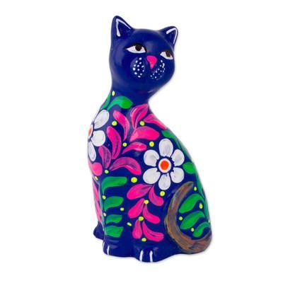 Sweet Cat in Blue,'Peruvian Artisan Crafted Floral Ceramic Cat Figurine in Blue'
