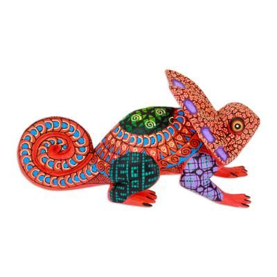 Chameleonic Strawberry,'Painted Strawberry Copal Wood Chameleon Alebrije Figurine'