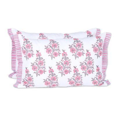 Cheerful Flowers,'2 Pink and White Floral Block Print Cotton Cushion Covers'