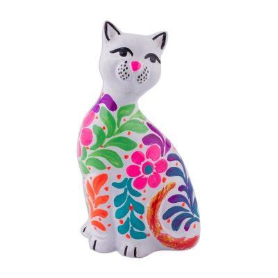 Sweet Cat in White,'Ceramic Figurine of a Floral White Cat from Peru'