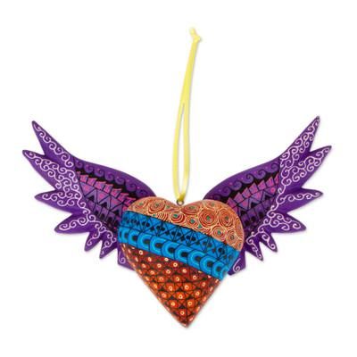'Hand-Painted Copal Wood Winged Heart Ornament in Purple'