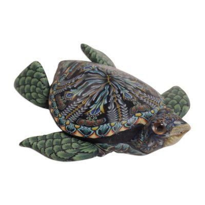Vibrant Sea Turtle,'Polymer Clay Sea Turtle Sculpture (2.6 inch) from Bali'
