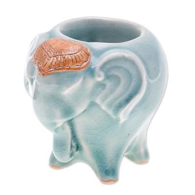 Bright Elephant in Green,'Handcrafted Thai Ceramic Elephant Tealight Holder in Green'