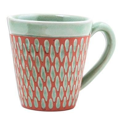 Ginger Green Honeycomb,'Handcrafted Green Incised Celadon Ceramic Mug'