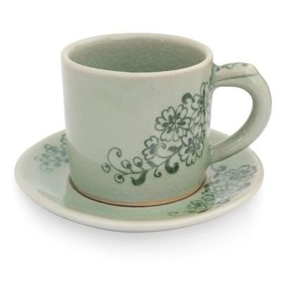 Celadon ceramic demitasse cup and saucer, 'Jade Blossoms'