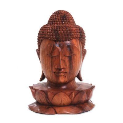 Buddha and Lotus,'Wood Sculpture of Buddha's Head on a Lotus Flower from Bali'