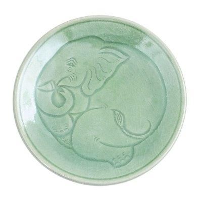 Sleeping Elephant,'Elephant Motif Handcrafted Thai Celadon Dessert Plate'