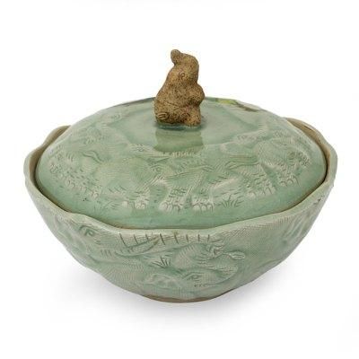 Celadon ceramic lidded bowl, 'Sawasdee'