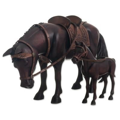 Equine Family,'Hand Carved Horse Family Sculpture (Pair) from Peru'