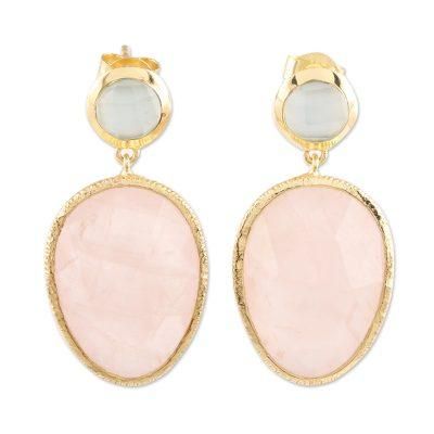 Sparkling Muse,'Gold Plated Rose Quartz and Chalcedony Dangle Earrings'