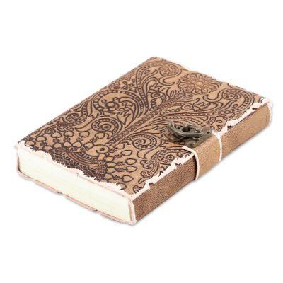 Daily Thoughts,'Embossed Cotton and Leather Peacock-Motif Journal'