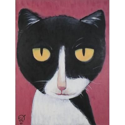 Bat Man Cat,'Signed Naif Painting of a Cat from Thailand'