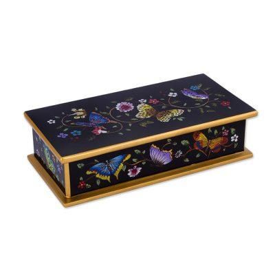 Glorious Butterflies in Black,'Reverse Painted Glass Butterfly Decorative Box in Black'