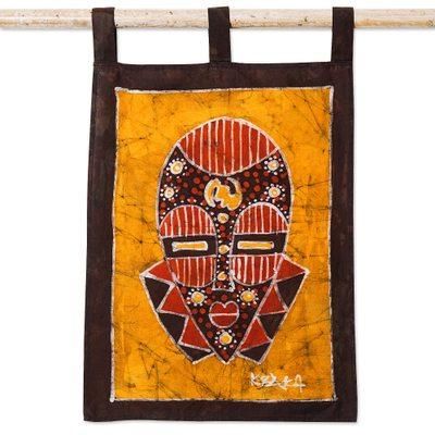 Golden Silence,'Cotton Wall Hanging of African Mask in a Warm Palette'
