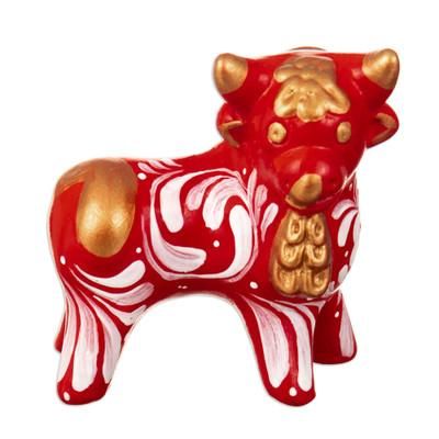 Red Guardian of the Andes,'Traditional Andean Handcrafted Ceramic Bull Sculpture in Red'