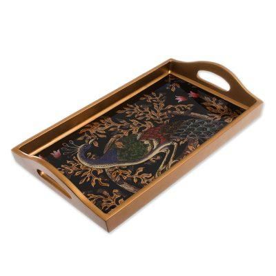 'Handcrafted Colorful Peacock Reverse-Painted Glass Tray'