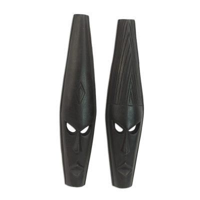 Ashanti wood masks, 'Fighting Spirit' (pair) - Ashanti Wood Masks