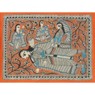 The Resting Place,'Ramayana Theme Signed India Madhubani Folk Art Painting'