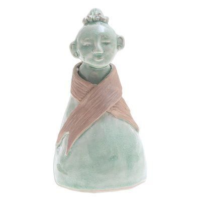 Hill Tribe Woman,'Hand Crafted Celadon Ceramic Hill Tribe Sculpture'
