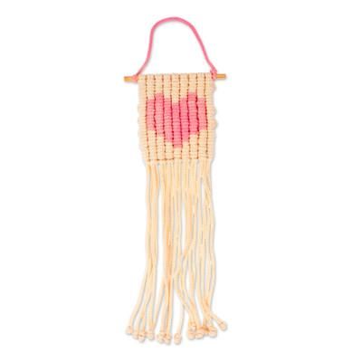 Loving Vibe in Carnation,'Heart Motif Cotton Wall Hanging in Carnation from Mexico'
