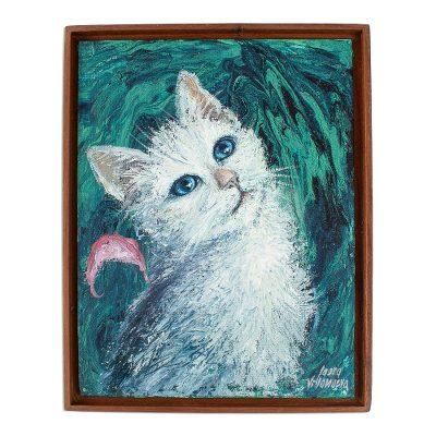 Dreamy Cat I,'Framed Original Painting of White Cat'