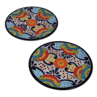 Raining Flowers,'Talavera Ceramic Salad Plates from Mexico (Pair)'