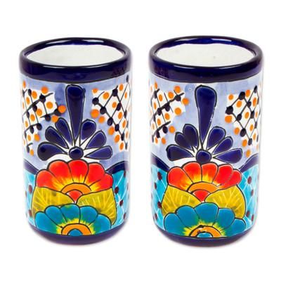 'Hand-Painted Floral Ceramic Tumblers from Mexico (Pair)'